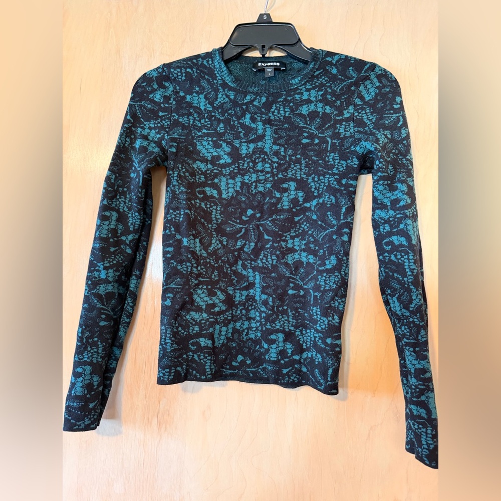 Express Black and Teal Floral Long Sleeve Top